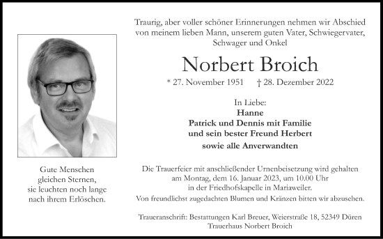 Traueranzeige von Norbert Broich von Zeitung am Sonntag
