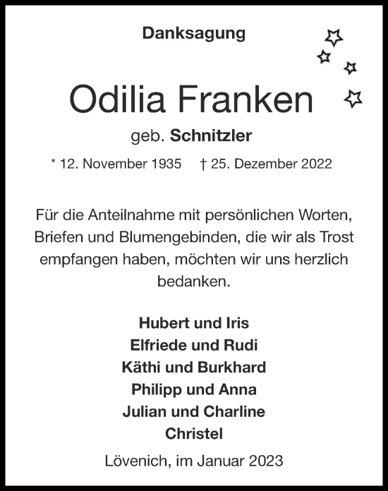 Traueranzeige von Odilia Franken von Zeitung am Sonntag