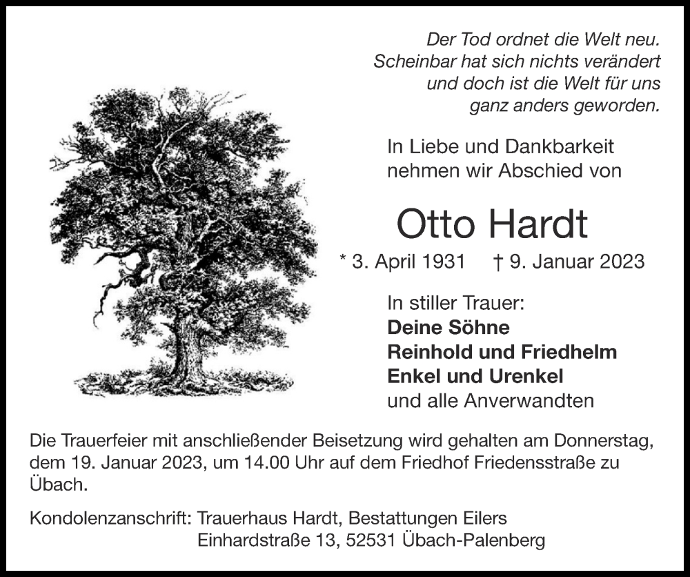  Traueranzeige für Otto Hardt vom 15.01.2023 aus Zeitung am Sonntag