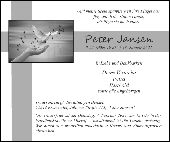 Traueranzeige von Peter Jansen von Zeitung am Sonntag