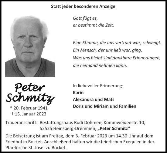 Traueranzeige von Peter Schmitz von Zeitung am Sonntag
