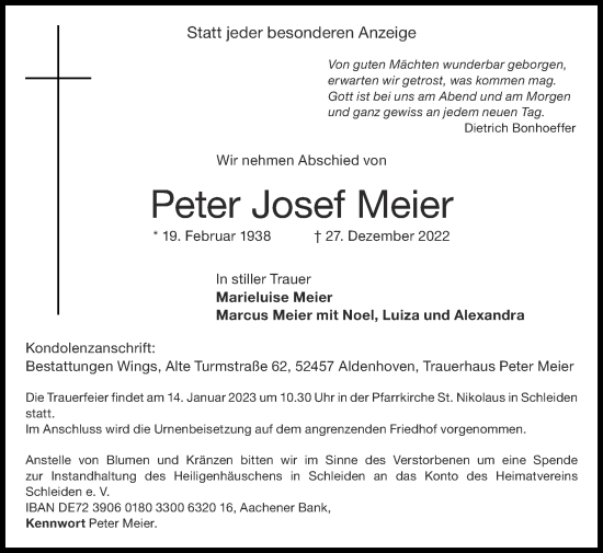 Traueranzeige von Peter Josef Meier von Zeitung am Sonntag