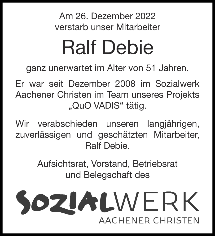  Traueranzeige für Ralf Debie vom 25.01.2023 aus Aachener Zeitung / Aachener Nachrichten