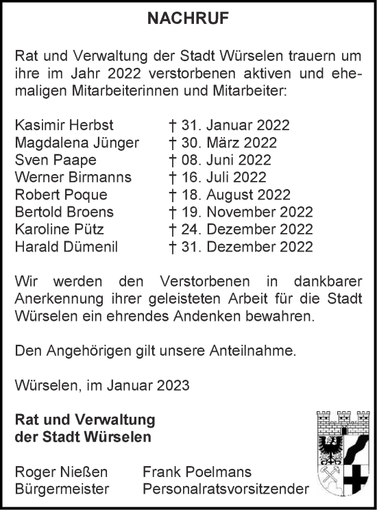 Traueranzeige von Rat und Verwaltung der Stadt Würselen trauern  von Zeitung am Sonntag