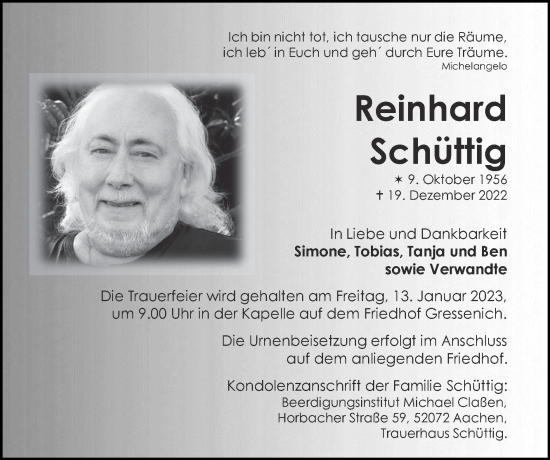 Traueranzeige von Reinhard Schüttig von Zeitung am Sonntag