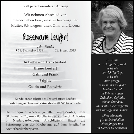 Traueranzeige von Rosemarie Leufert von Zeitung am Sonntag