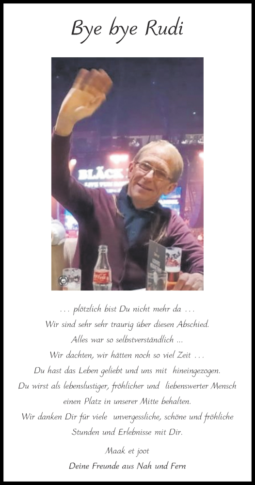 Traueranzeige von Rudi  von Zeitung am Sonntag