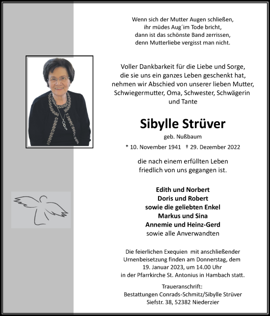 Traueranzeige von Sibylle Strüver von Zeitung am Sonntag