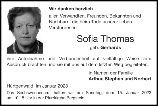 Traueranzeige von Sofia Thomas von Zeitung am Sonntag