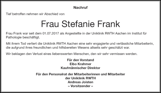 Traueranzeige von Stefanie Frank von Aachener Zeitung / Aachener Nachrichten