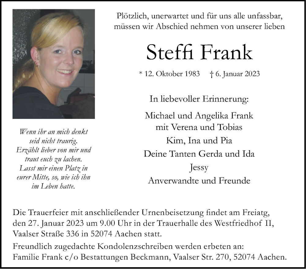  Traueranzeige für Steffi Frank vom 22.01.2023 aus Zeitung am Sonntag