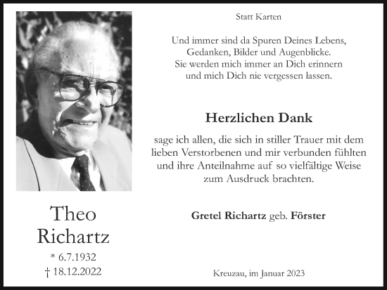 Traueranzeige von Theo Richartz von Zeitung am Sonntag
