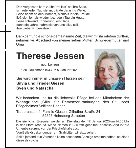 Traueranzeige von Therese Jessen von Zeitung am Sonntag