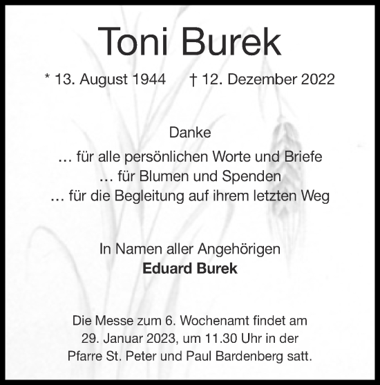 Traueranzeige von Toni Burek von Zeitung am Sonntag