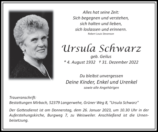 Traueranzeige von Ursula Schwarz von Zeitung am Sonntag