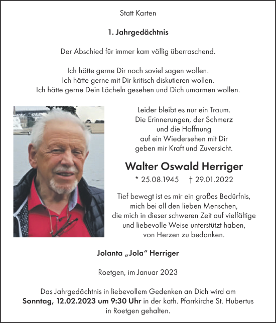 Traueranzeige von Walter Oswald Herriger von Zeitung am Sonntag