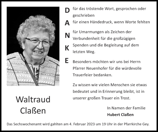 Traueranzeige von Waltraud Claßen von Zeitung am Sonntag