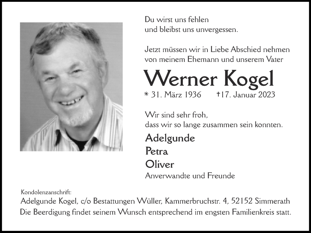 Traueranzeigen von Werner Kogel | Aachen gedenkt