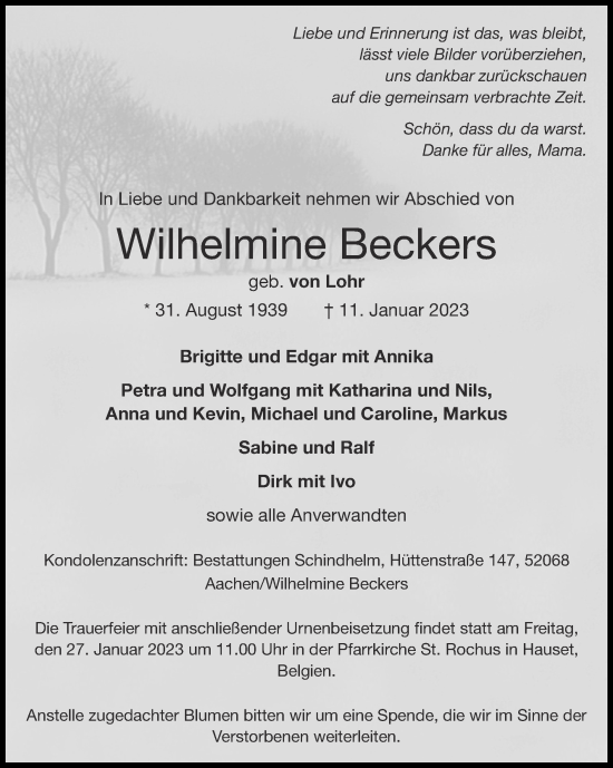 Traueranzeige von Wilhelmine Beckers von Zeitung am Sonntag