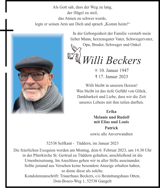 Traueranzeige von Willi Beckers von Zeitung am Sonntag