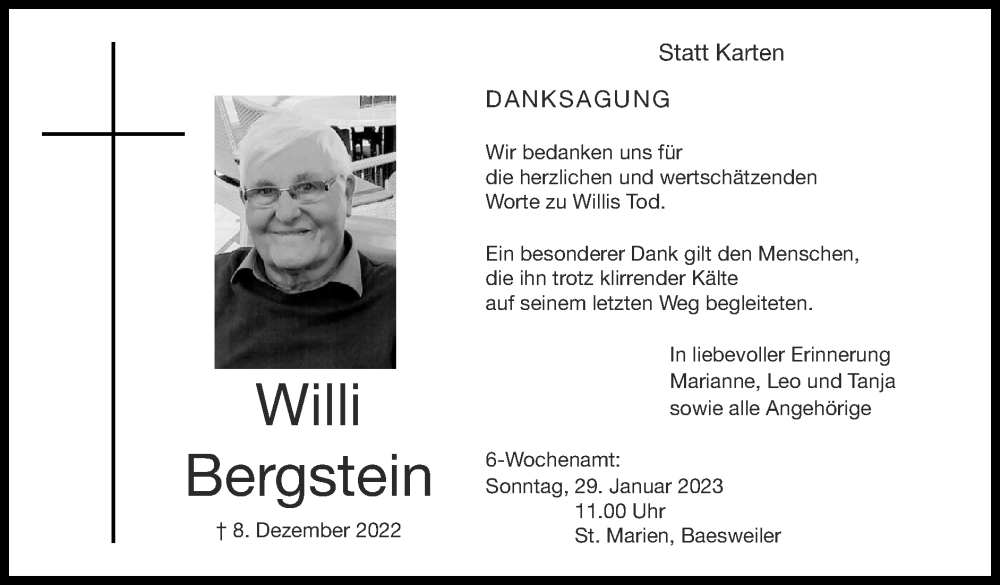  Traueranzeige für Willi Bergstein vom 22.01.2023 aus Zeitung am Sonntag