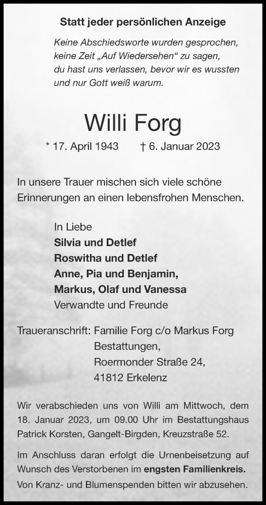 Traueranzeige von Willi Forg von Zeitung am Sonntag
