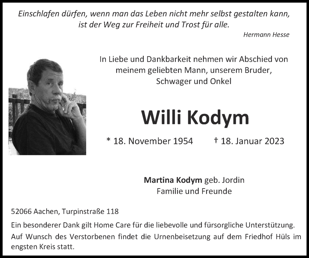  Traueranzeige für Willi Kodym vom 22.01.2023 aus Zeitung am Sonntag