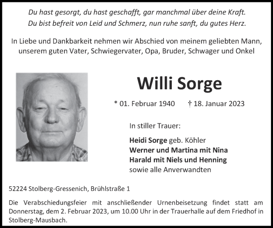 Traueranzeige von Willi Sorge von Zeitung am Sonntag