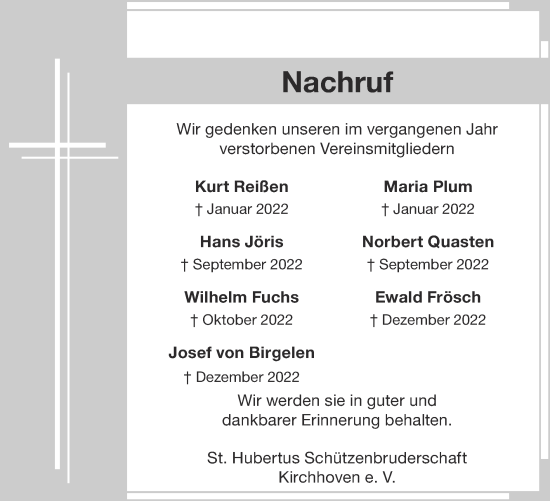 Traueranzeige von Wir gedenken unseren im vergangenen Jahr verstorbenen Vereinsmitgliedern  von Zeitung am Sonntag