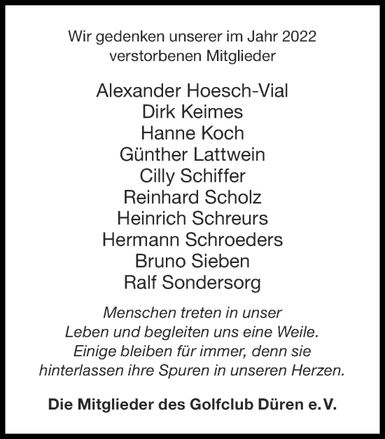 Traueranzeige von Wir gedenken unserer im Jahr 2022 verstorbenen Mitglieder  von Zeitung am Sonntag