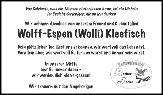Traueranzeige von Wolff-Espen  Kleefisch von Zeitung am Sonntag