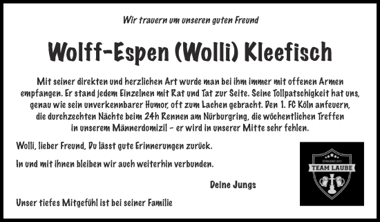 Traueranzeige von Wolff-Espen  Kleefisch von Zeitung am Sonntag