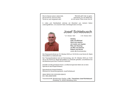 Traueranzeige von Josef Schlebusch von Zeitung am Sonntag