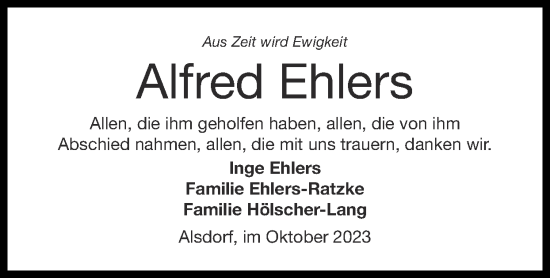Traueranzeige von Alfred Ehlers von Zeitung am Sonntag
