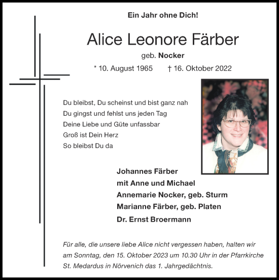 Traueranzeige von Alice Leonore Färber von Zeitung am Sonntag