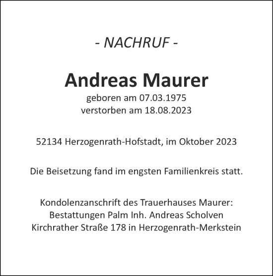 Traueranzeige von Andreas Maurer von Zeitung am Sonntag