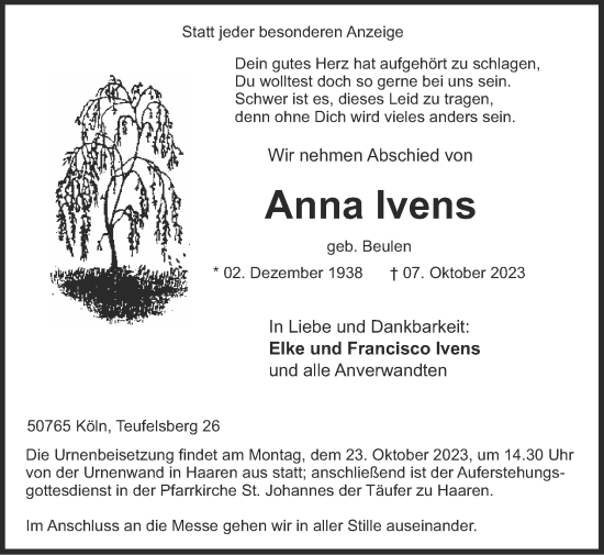Traueranzeige von Anna Ivens von Zeitung am Sonntag