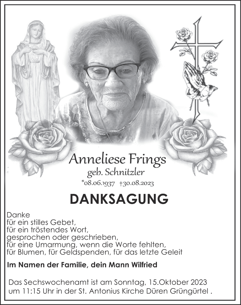  Traueranzeige für Anneliese Frings vom 08.10.2023 aus Zeitung am Sonntag