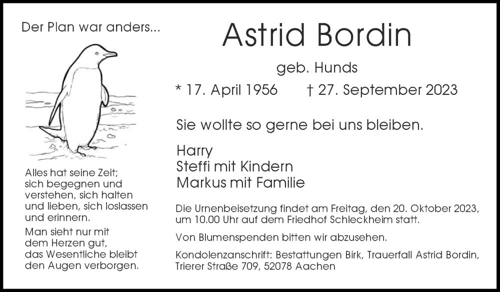  Traueranzeige für Astrid Bordin vom 15.10.2023 aus Zeitung am Sonntag