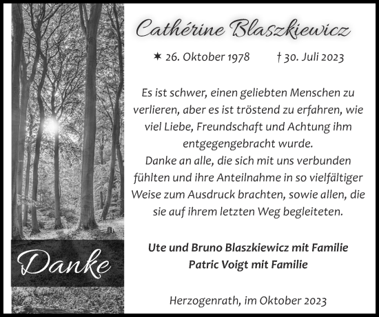 Traueranzeige von Cathérine Blaszkiewicz von Zeitung am Sonntag