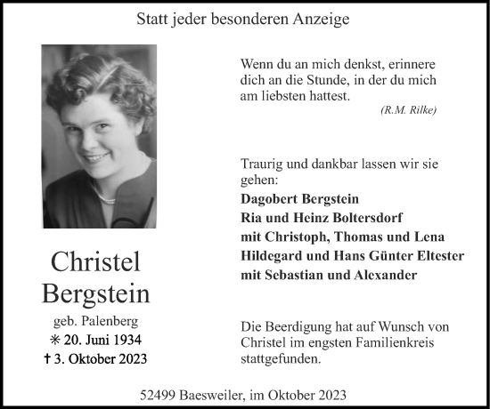 Traueranzeige von Christel Bergstein von Zeitung am Sonntag