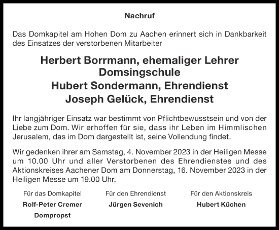 Traueranzeige von Das Domkapitel am Hohen Dom zu Aachen erinnert sich in Dankbarkeit des Einsatzes der verstorbenen Mitarbeiter  von Aachener Zeitung