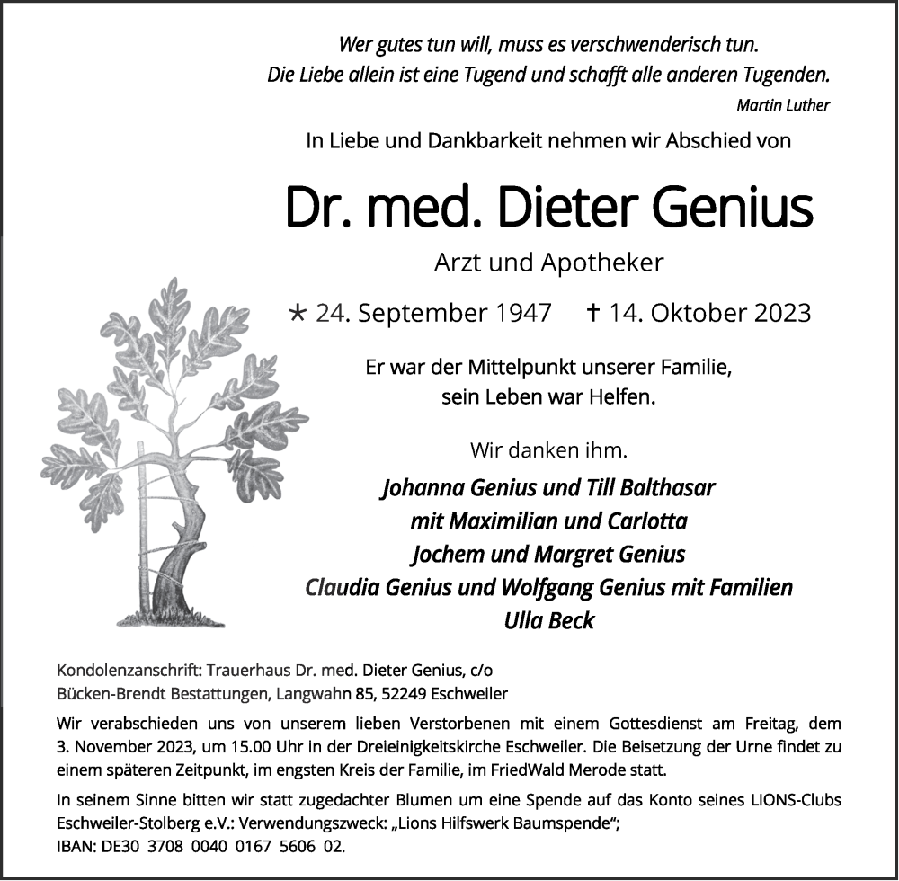  Traueranzeige für Dieter Genius vom 21.10.2023 aus Aachener Zeitung