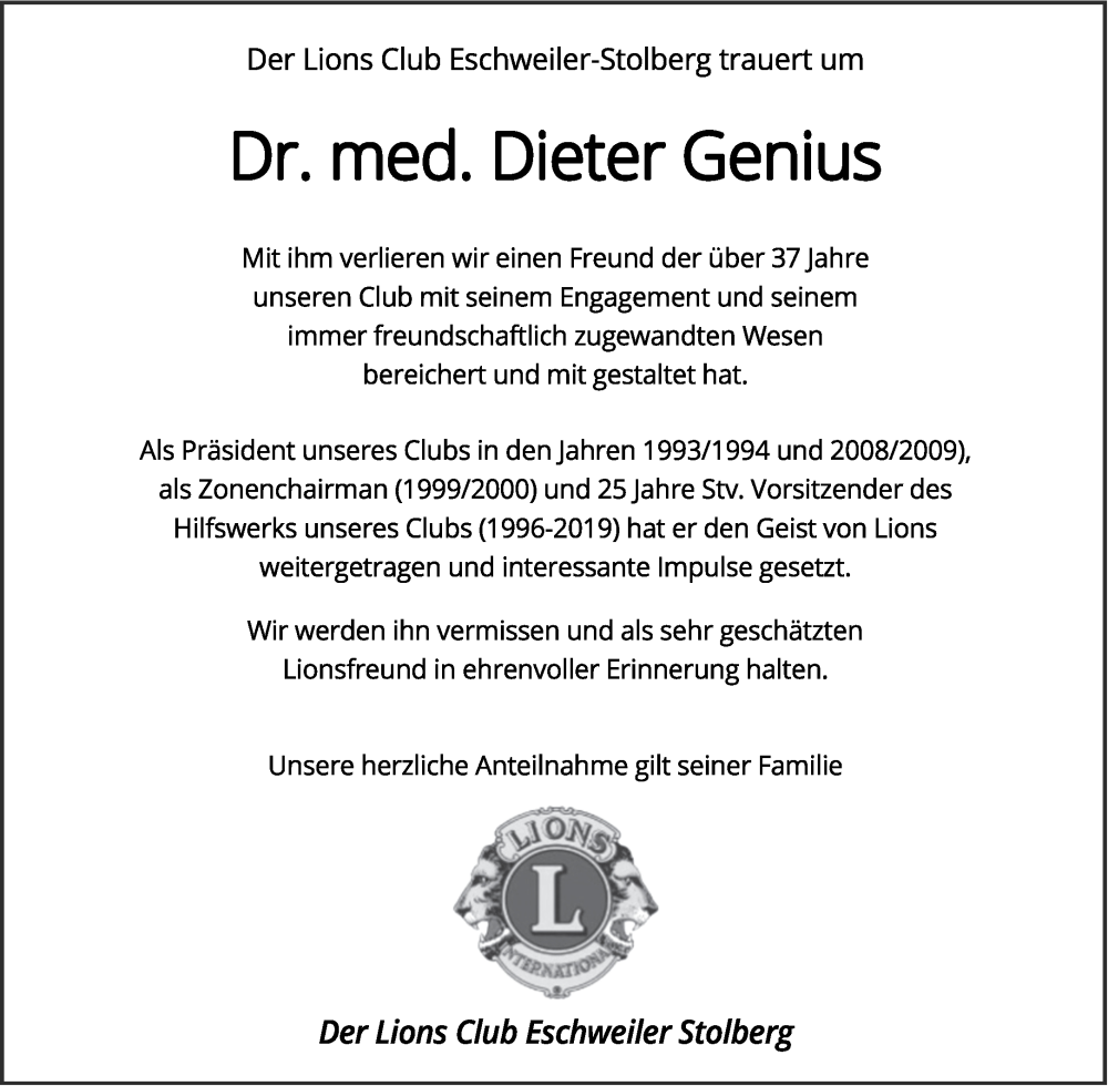  Traueranzeige für Dieter Genius vom 21.10.2023 aus Aachener Zeitung