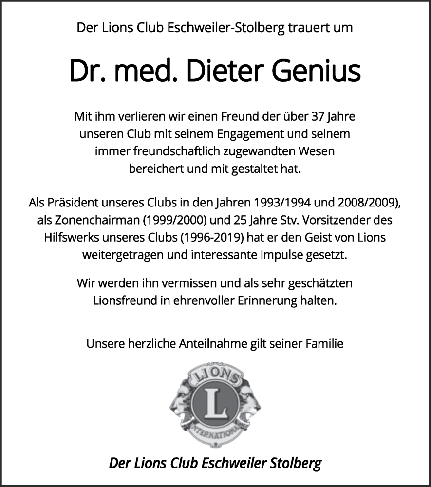  Traueranzeige für Dieter Genius vom 22.10.2023 aus Zeitung am Sonntag