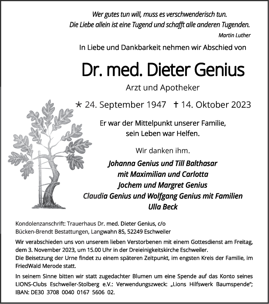  Traueranzeige für Dieter Genius vom 22.10.2023 aus Zeitung am Sonntag