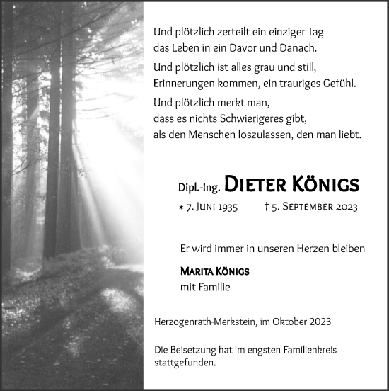 Traueranzeige von Dieter Königs von Zeitung am Sonntag