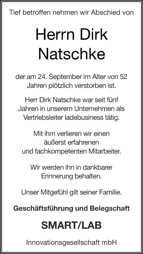  Traueranzeige für Dirk Natschke vom 08.10.2023 aus Zeitung am Sonntag