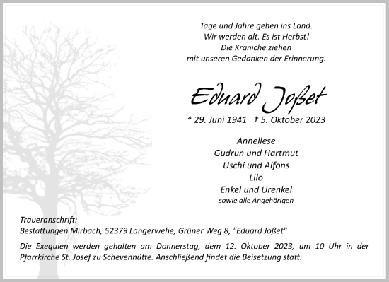 Traueranzeige von Eduard Joßet von Aachener Zeitung