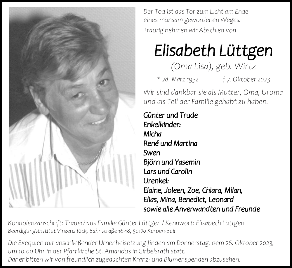  Traueranzeige für Elisabeth Lüttgen vom 22.10.2023 aus Zeitung am Sonntag